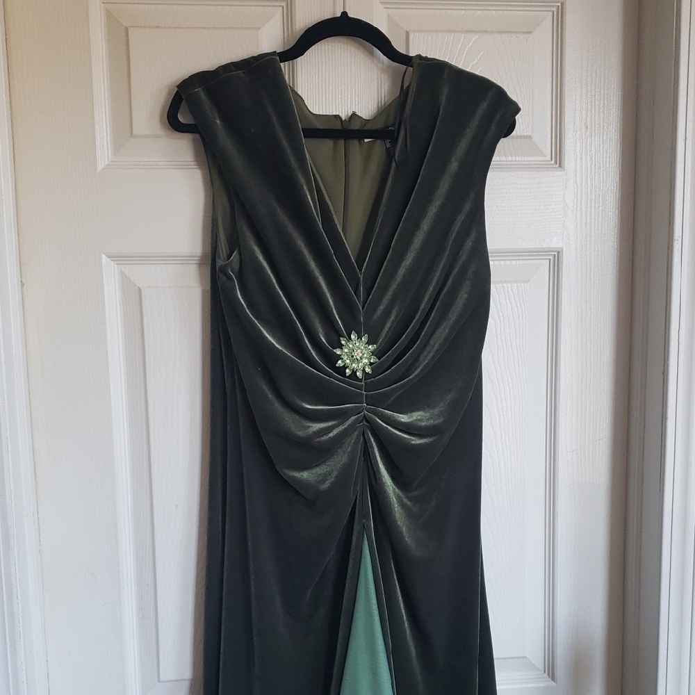 JS Boutique Olive Green Velvet Maxi Vintage Dress with Embellishment